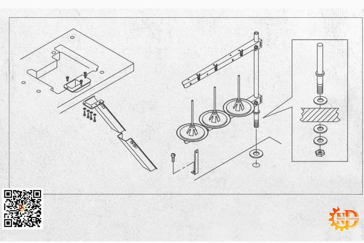Lắp máng xả vải và cột chỉ vào mặt bàn